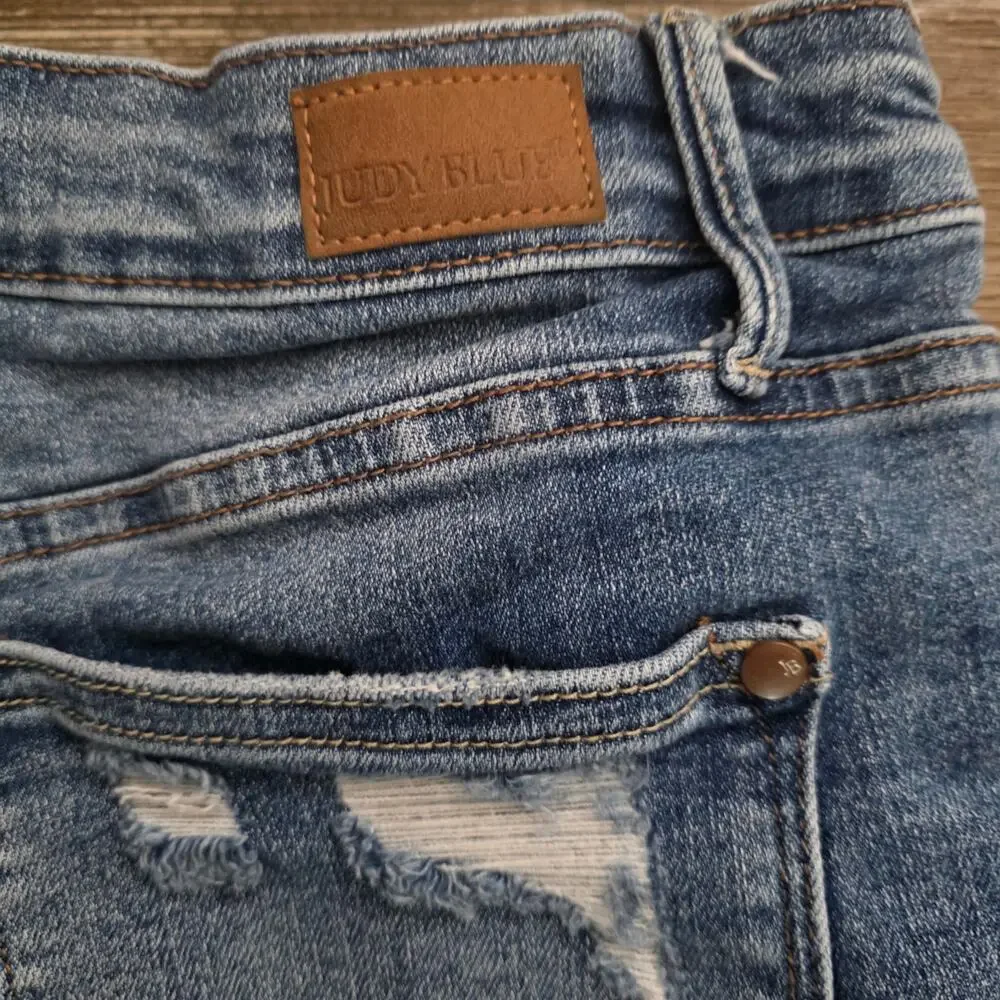 Judy Blue Factory Distressed Denim Asymmetrical Wrap Skort Size Large